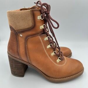 Pikolinos Brown Cognac Leather Lace Up Ankle Boots Block Heel Casual Comfort